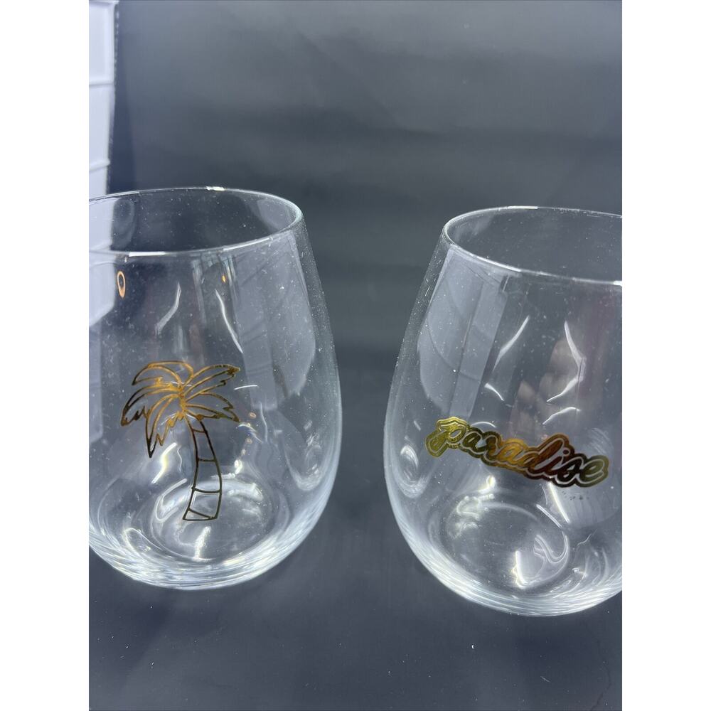 Stemless Wine Glass 16 oz Gold lettering of Palm tree and Paradise, Retail $24